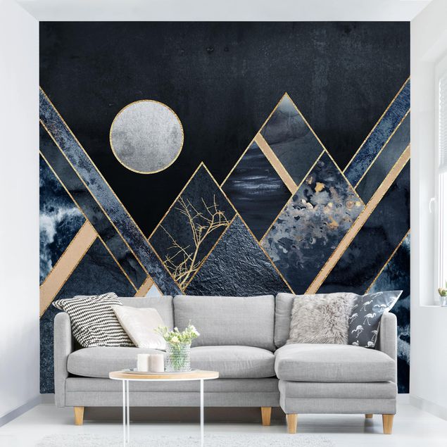 Wallpaper - Golden Moon Abstract Black Mountains