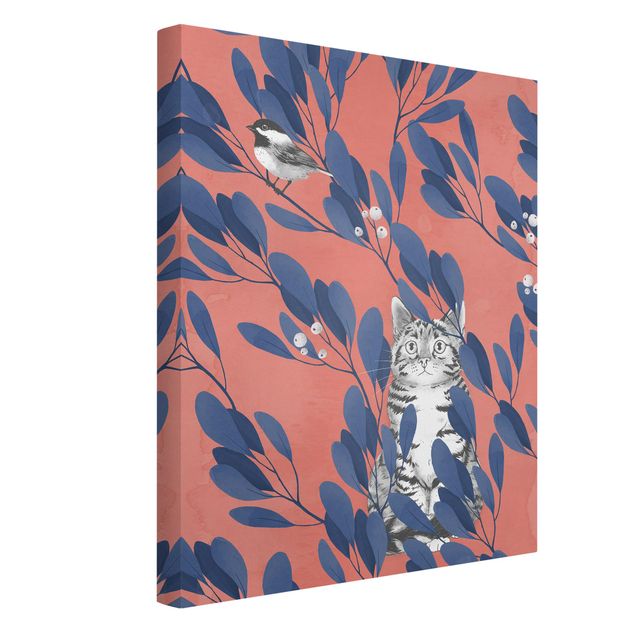 Canvas print - Illustration Cat And Bird On Branch Blue Red