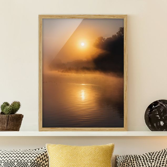 Framed poster - Sunrise on the lake with deers in the fog