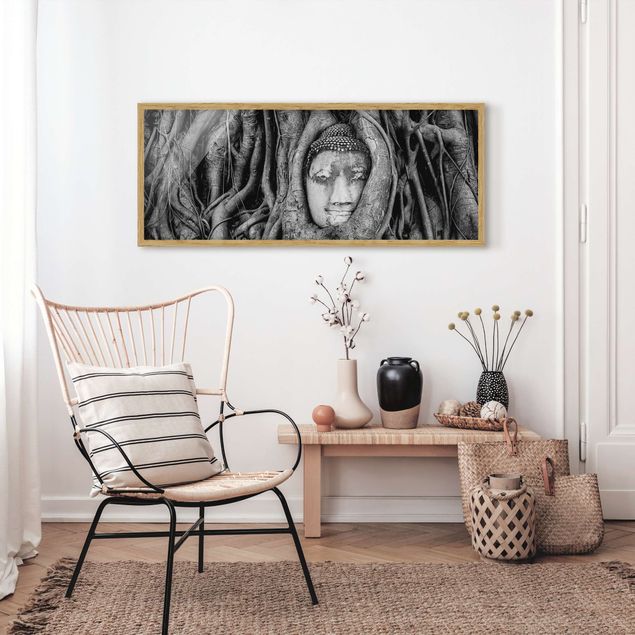 Framed poster - Buddha In Ayutthaya Lined From Tree Roots In Black And White
