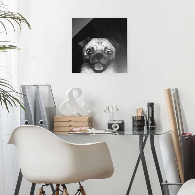 Glass print - Illustration Dog Pug Painting On Black And White