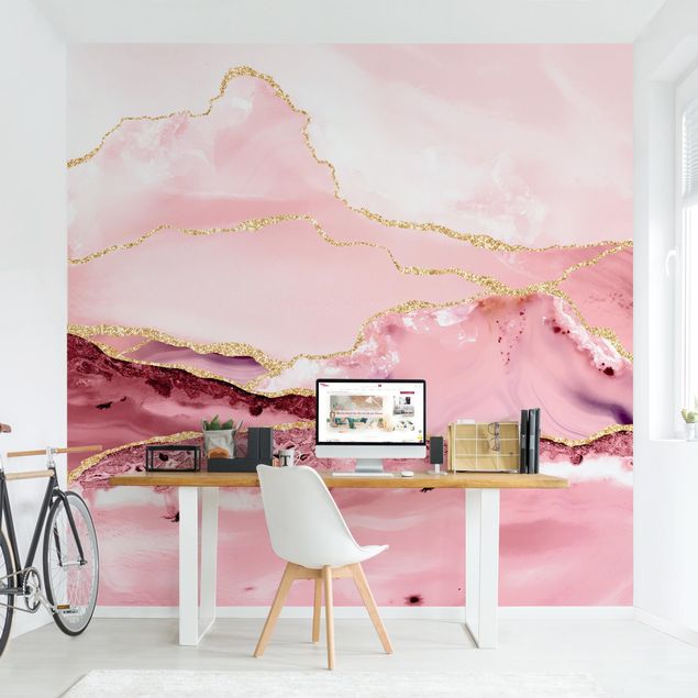 Wallpapers Abstract Mountains Pink With Golden Lines