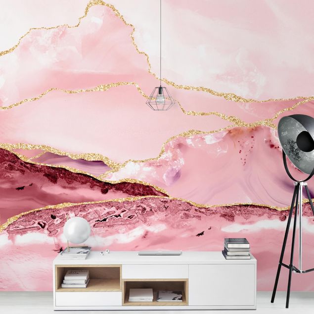 Wallpaper - Abstract Mountains Pink With Golden Lines