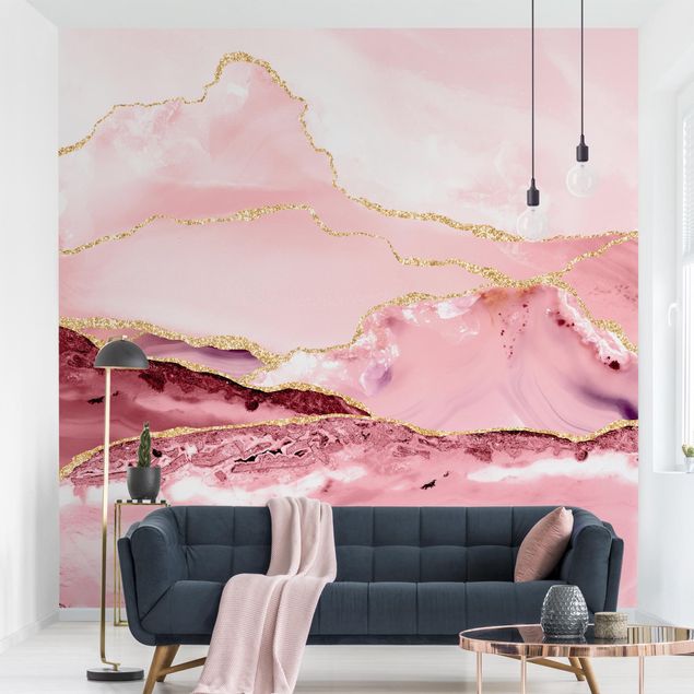 Wallpaper - Abstract Mountains Pink With Golden Lines