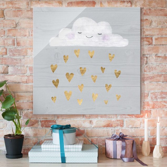 Glas Magnetboard Cloud With Golden Hearts