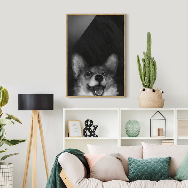Framed poster - Illustration Dog Corgi Paintig Black And White