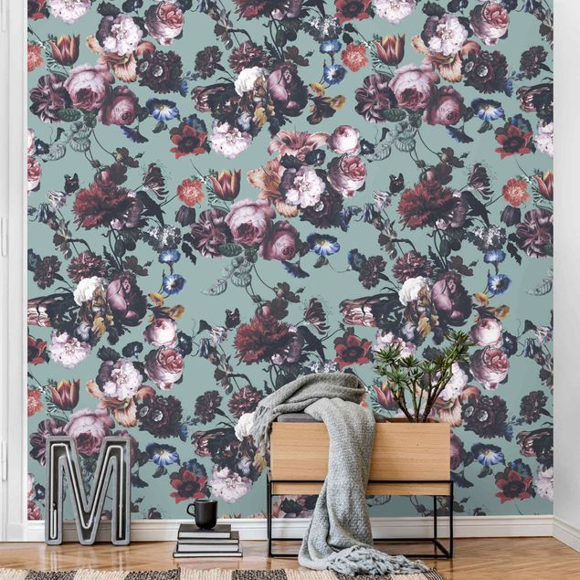 Wallpaper - Old Masters Flowers With Tulips And Roses On Blue