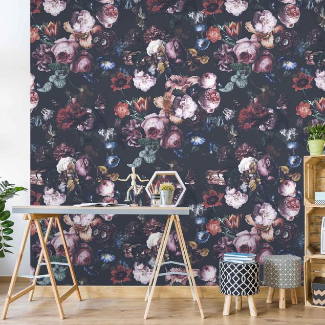 Walpaper - Old Masters Flowers With Tulips And Roses On Dark Gray