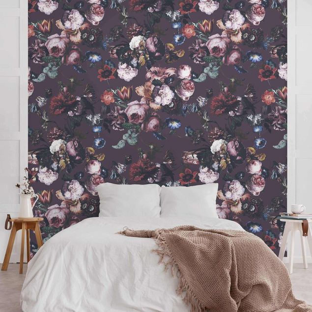 Wallpaper - Old Masters Flowers With Tulips And Roses On Purple