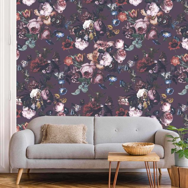Wallpaper - Old Masters Flowers With Tulips And Roses On Purple