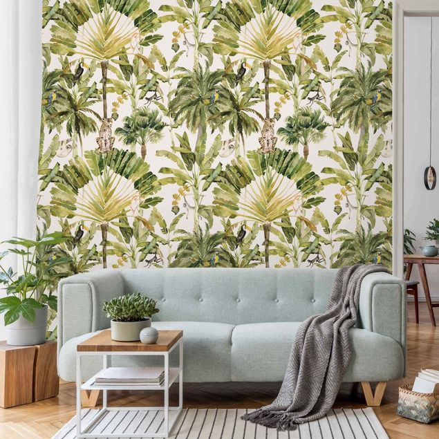 Wallpaper - Watercolour Banana Tree And Leopard Pattern