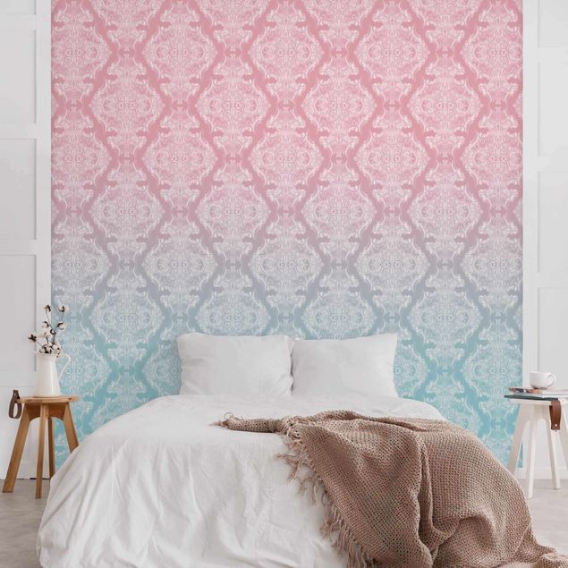 Wallpaper - Watercolour Baroque Pattern With Blue Pink Gradient
