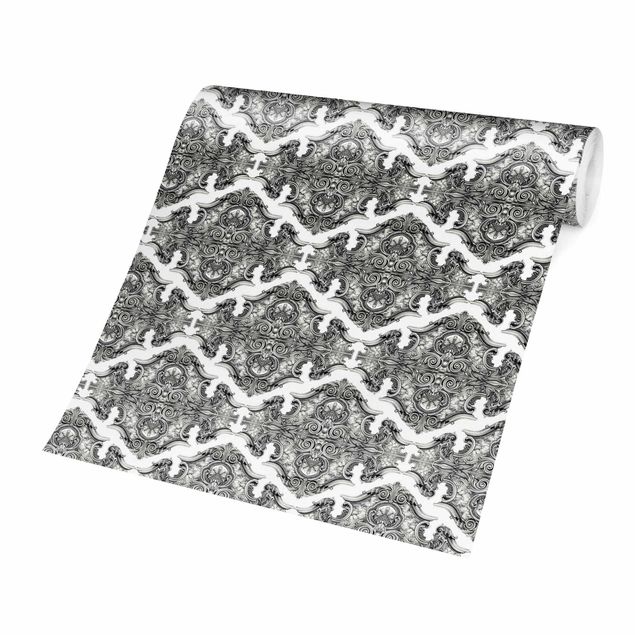 Wallpaper - Watercolour Baroque Pattern With Ornaments In Gray