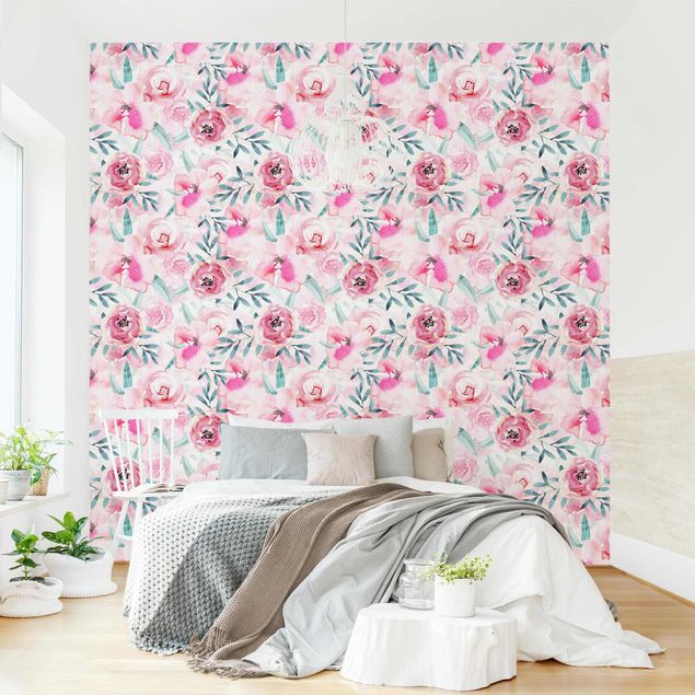 Wallpaper - Watercolour Flowers Pink With Blue Leaves