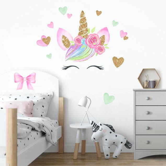 Wall stickers love Watercolor unicorn gold glitter flowers