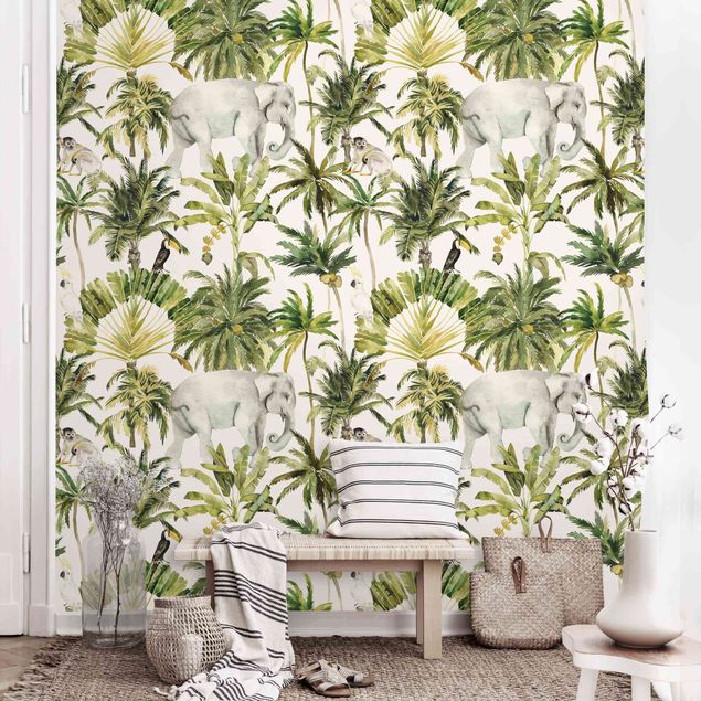Wallpaper - Watercolour Elephant And Palm Pattern