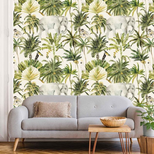 Wallpaper - Watercolour Elephant And Palm Pattern