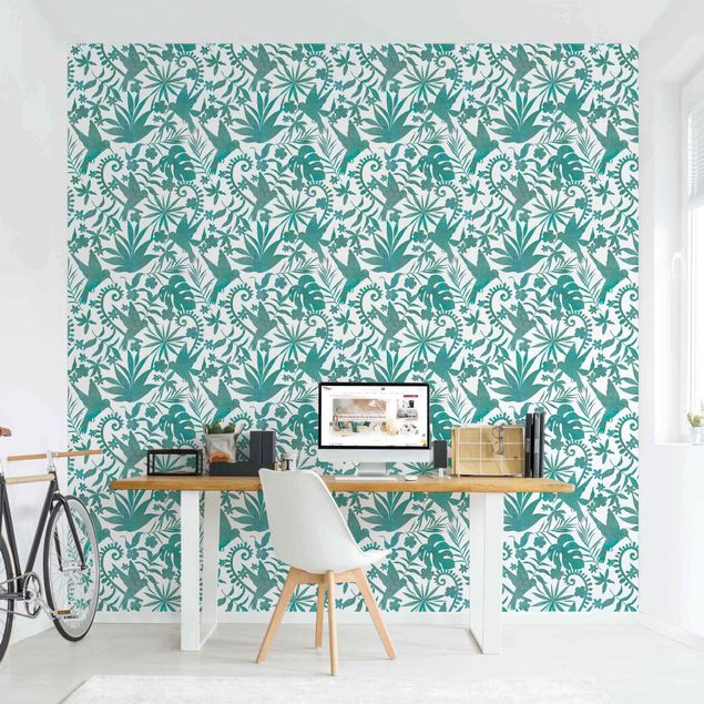 Wallpaper - Watercolour Hummingbird And Plant Silhouettes Pattern In Turquoise