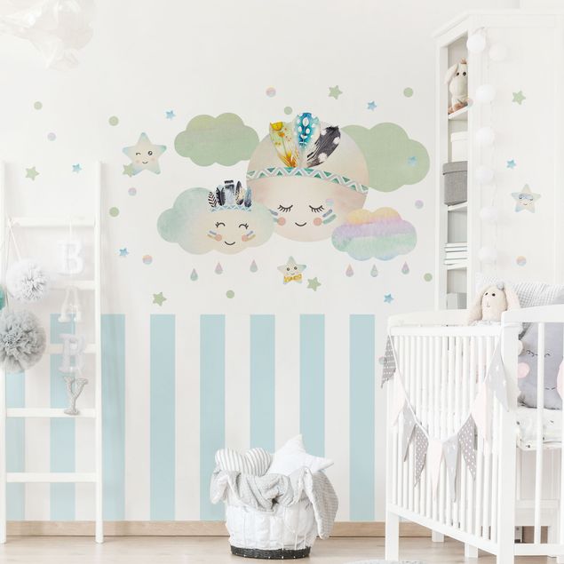 Wall sticker - Watercolor Moon Clouds Star Feathers