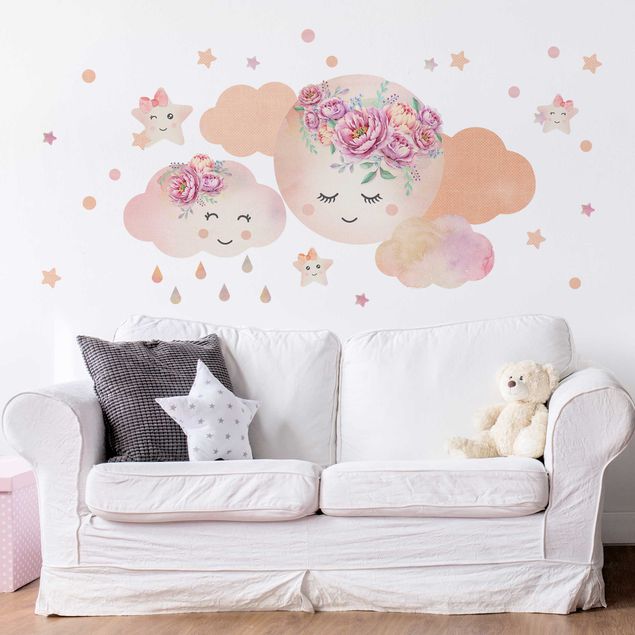 Wall sticker - Watercolor moon clouds and stars with roses