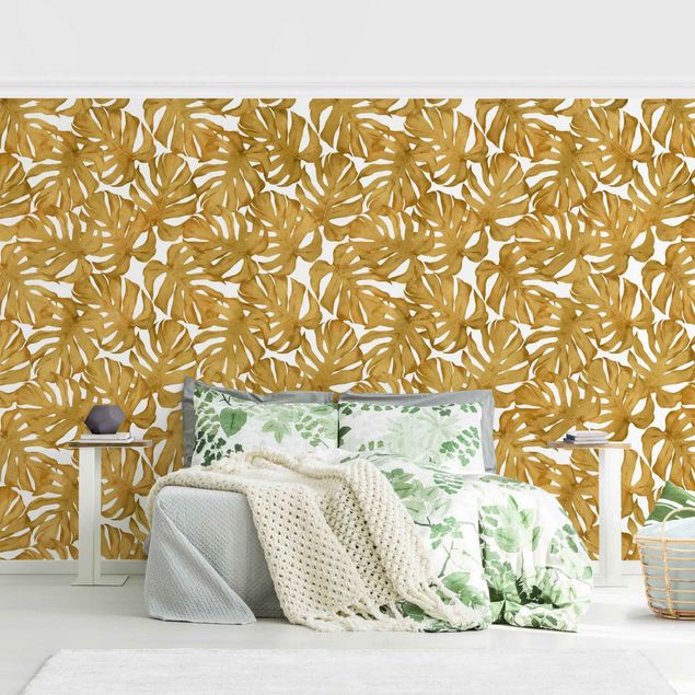 Walpaper - Watercolour Monstera Leaves In Gold
