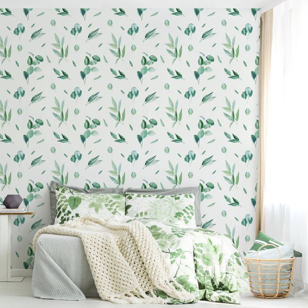 Wallpaper - Watercolor Pattern Leaves And Eucalyptus