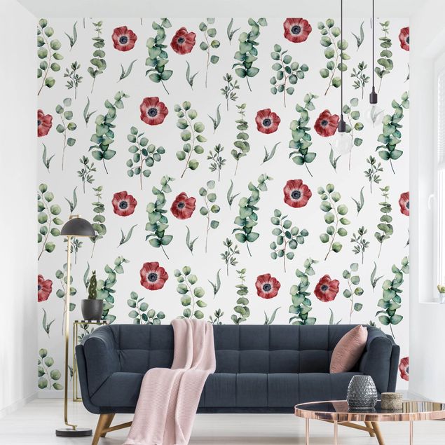 Wallpaper - Watercolor Pattern Eucalyptus And Flowers