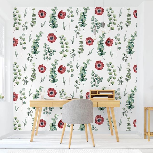 Wallpaper - Watercolor Pattern Eucalyptus And Flowers