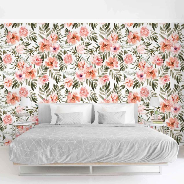Wallpaper - Watercolour Pink Flowers In Front Of White