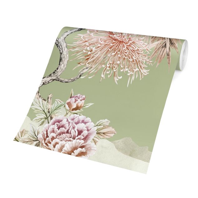 Walpaper - Watercolour Storks In Flight With Flowers On Green