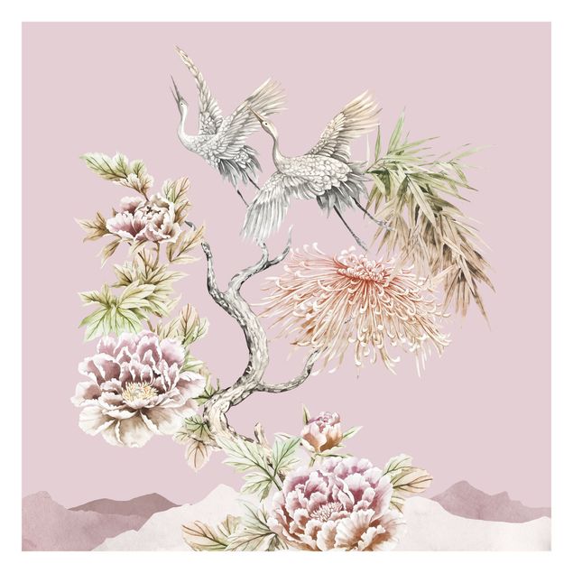 Wallpaper - Watercolour Storks In Flight With Flowers On Pink
