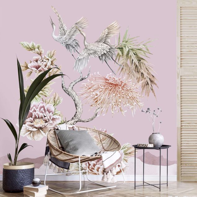Wallpapers Watercolour Storks In Flight With Flowers On Pink