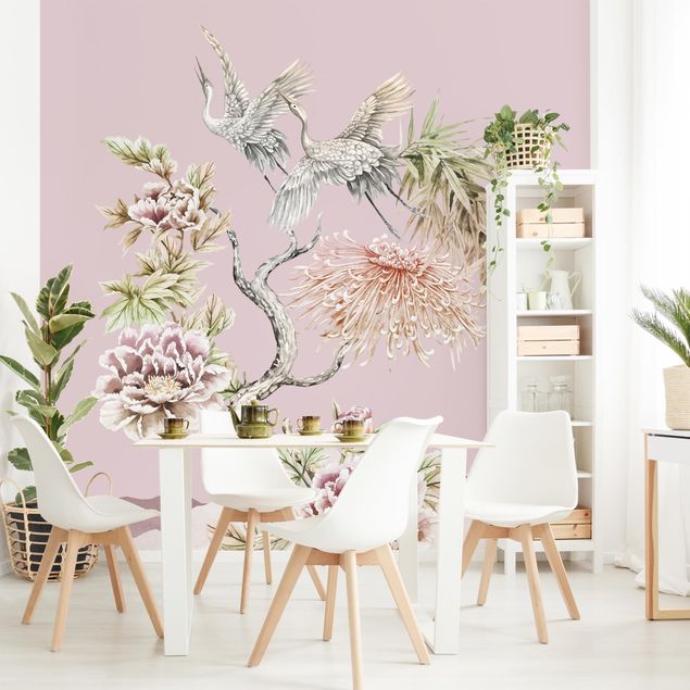 Wallpaper - Watercolour Storks In Flight With Flowers On Pink