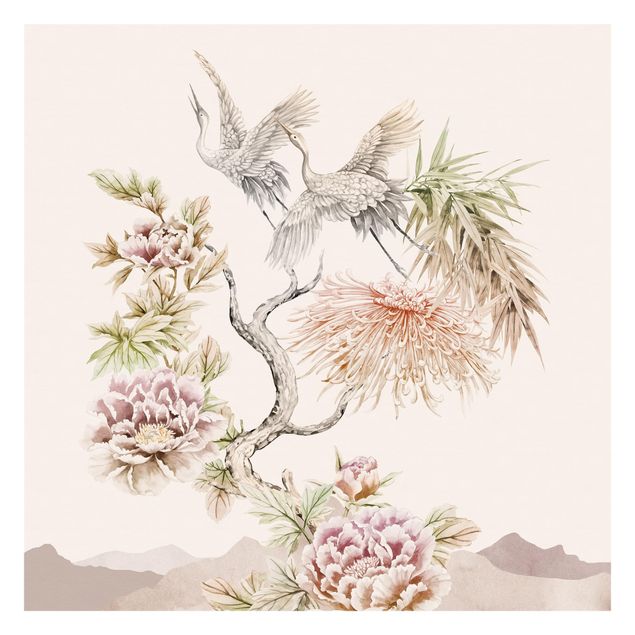 Wallpaper - Watercolour Storks In Flight With Flowers