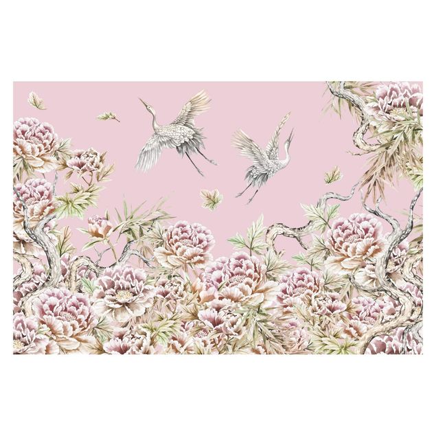 Walpaper - Watercolour Storks In Flight With Roses On Pink