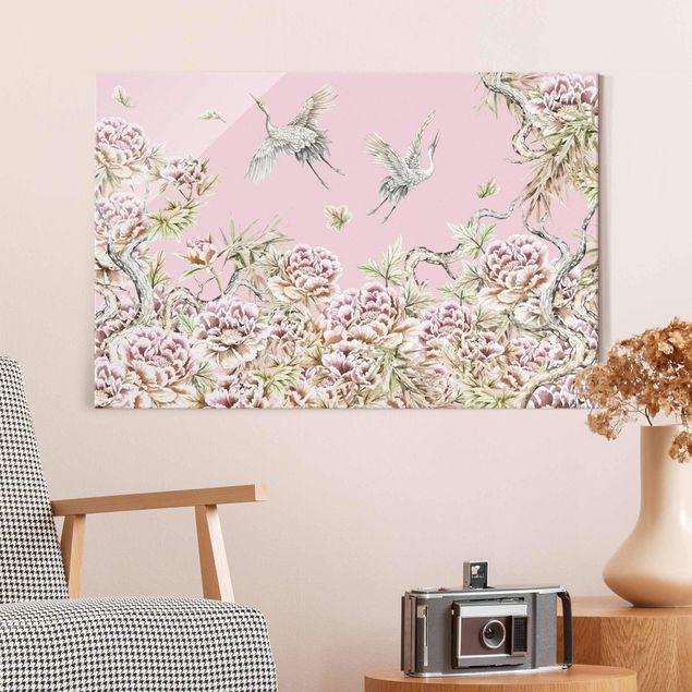 Glas Magnettafel Watercolour Storks In Flight With Roses On Pink