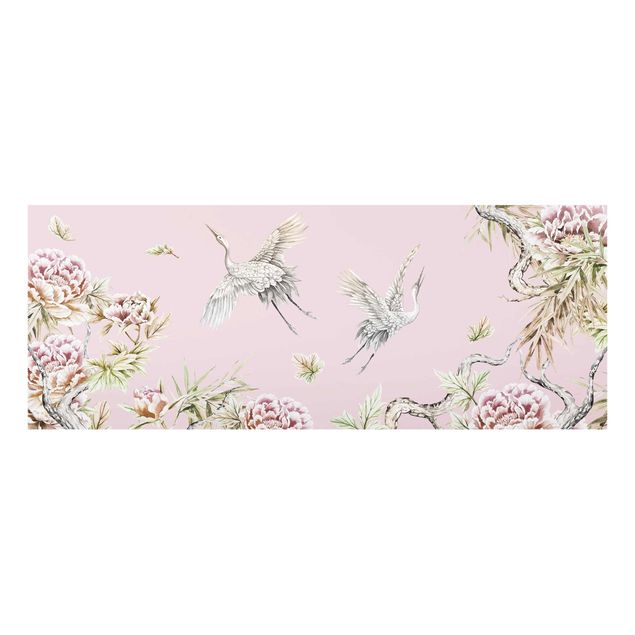 Glass print - Watercolour Storks In Flight With Roses On Pink