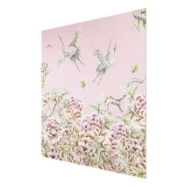 Glass print - Watercolour Storks In Flight With Roses On Pink