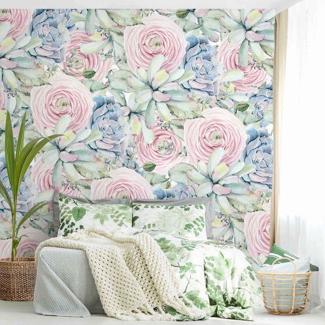 Wallpapers Watercolour Succulents And Ranunculus Pattern