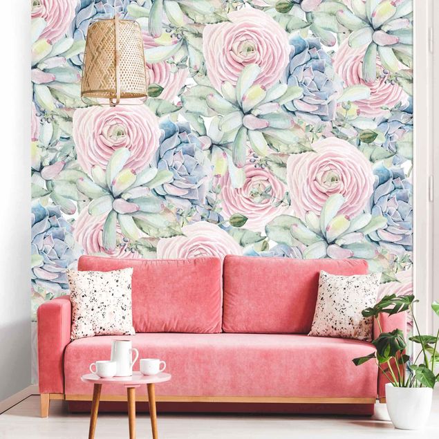 Wallpaper - Watercolour Succulents And Ranunculus Pattern