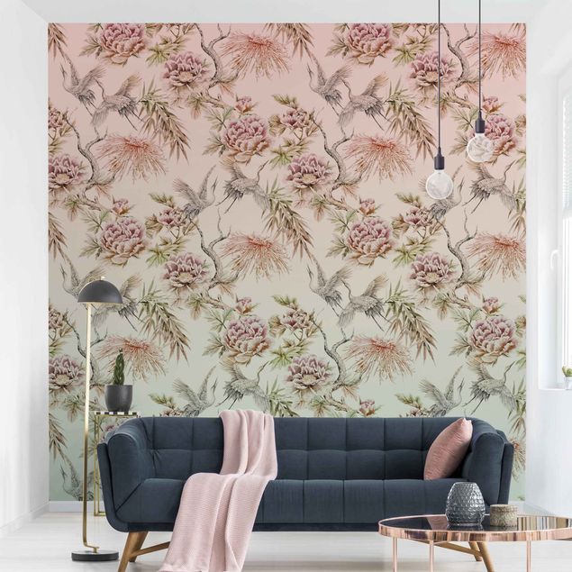 Wallpapers Watercolour Birds With Large Flowers In Ombre