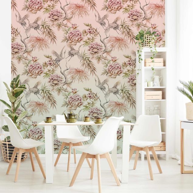 Walpaper - Watercolour Birds With Large Flowers In Ombre