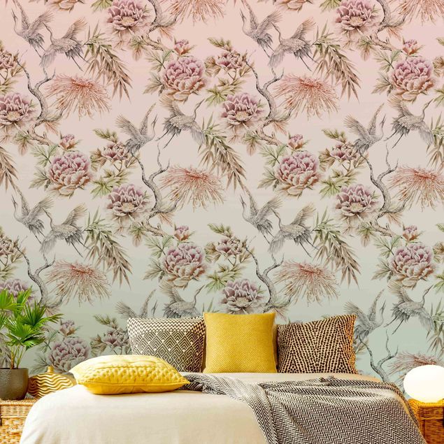 Walpaper - Watercolour Birds With Large Flowers In Ombre