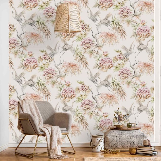 Wallpapers Watercolour Birds With Large Flowers
