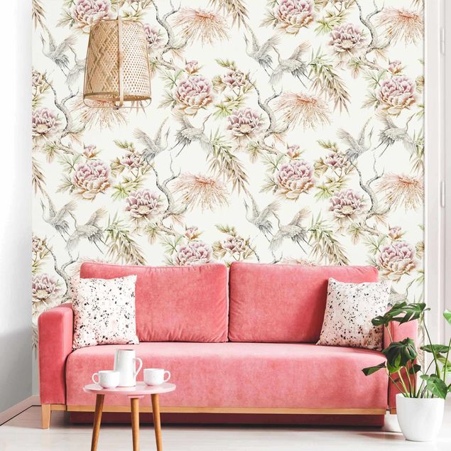 Wallpaper - Watercolour Birds With Large Flowers