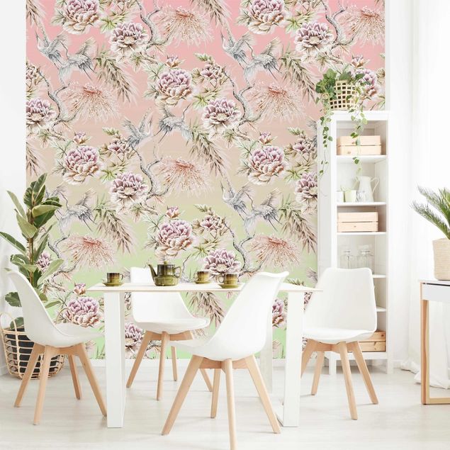 Wallpaper - Watercolour Birds With Large Flowers And Ombre