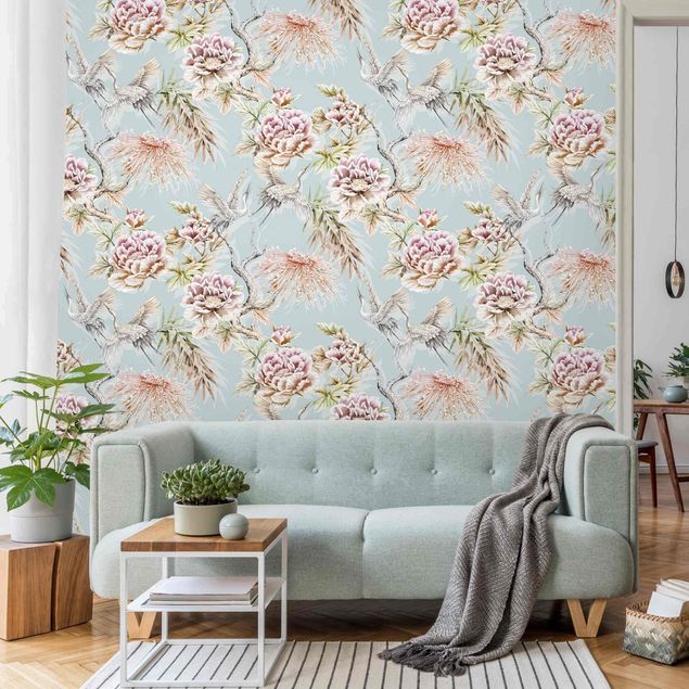 Wallpapers Watercolour Birds With Large Flowers In Front Of Blue