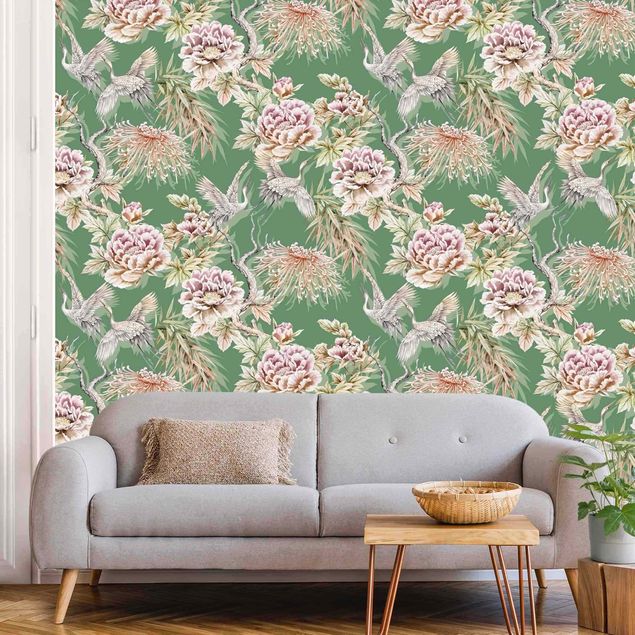 Wallpaper - Watercolour Birds With Large Flowers In Front Of Green