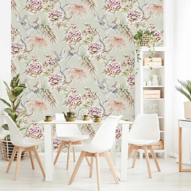 Wallpapers Watercolour Birds With Large Flowers In Front Of Mint