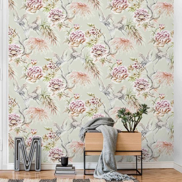 Wallpaper - Watercolour Birds With Large Flowers In Front Of Mint
